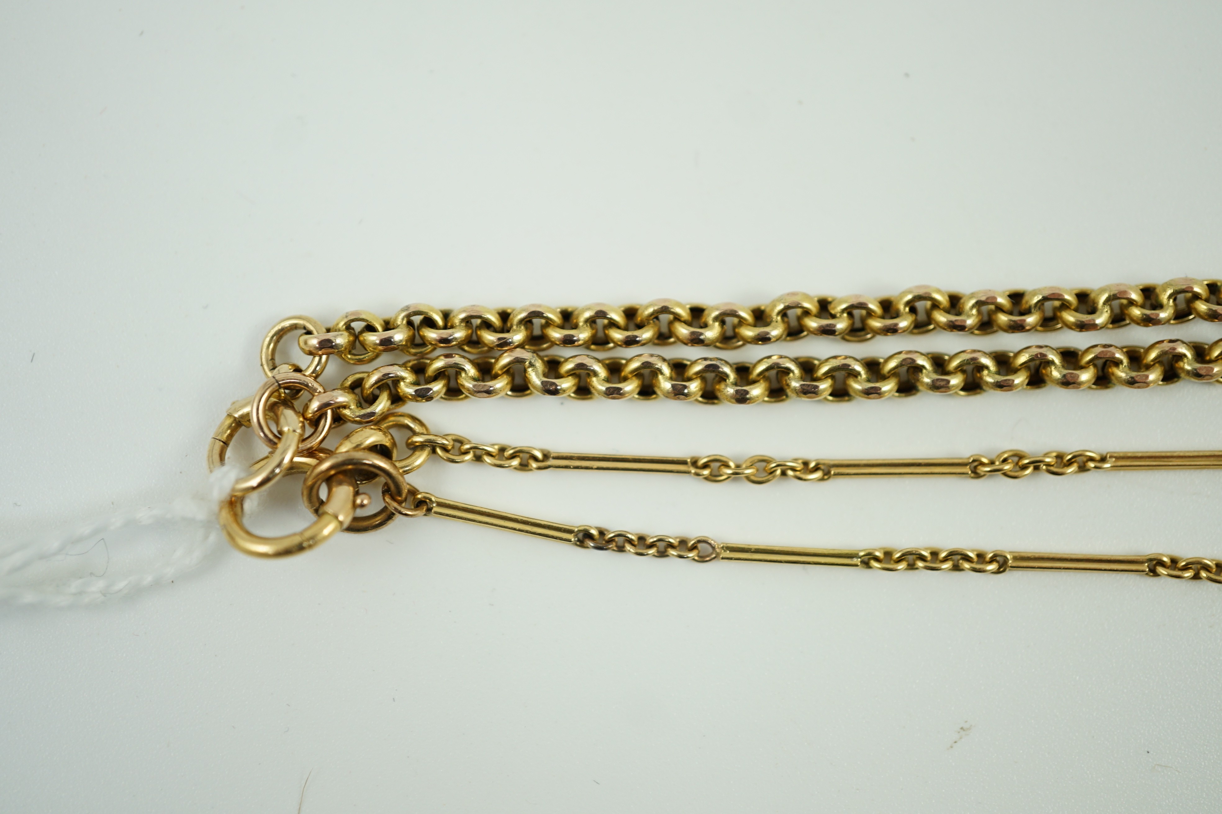 A yellow metal (stamped 56) chain, 40cm and a small yellow metal bracelet, 14cm, gross weight 10 grams.